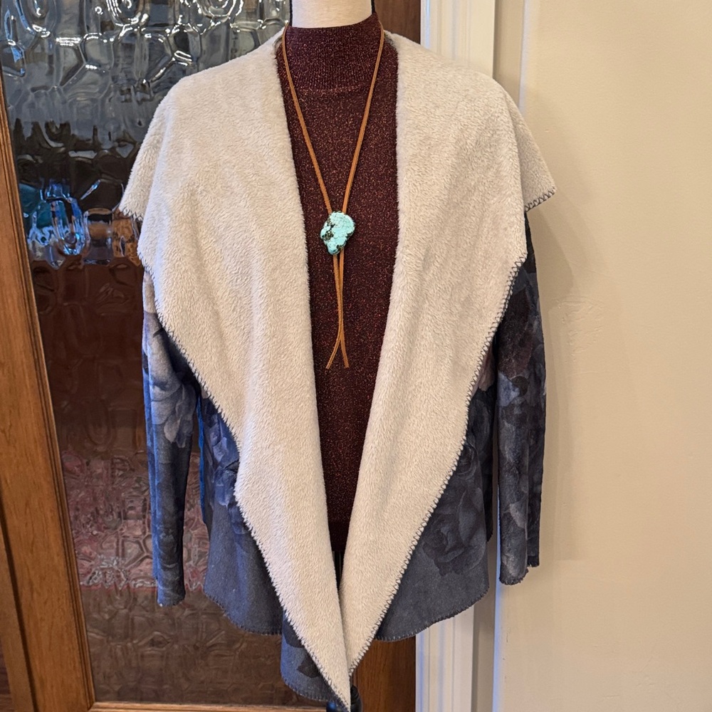Johnny Was BIYA Women's Cream and Blue Open Front Sweater
